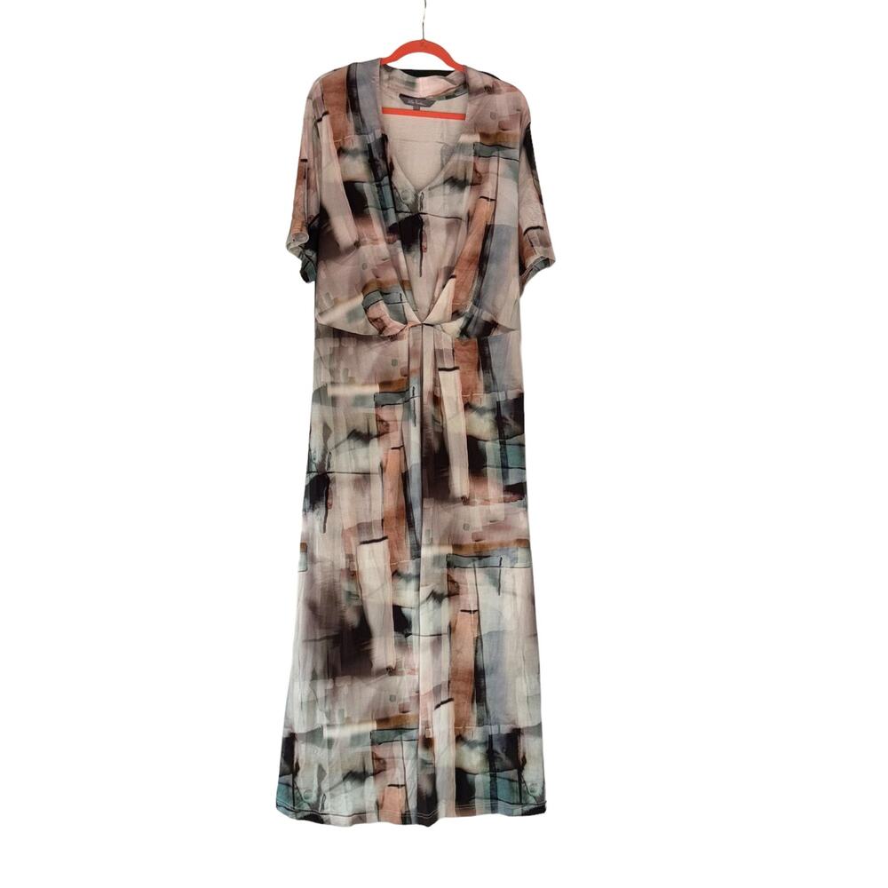 Ulla Popken A-Line Dress Geometric Womans Pockets Tie Elastic Waist Viscose